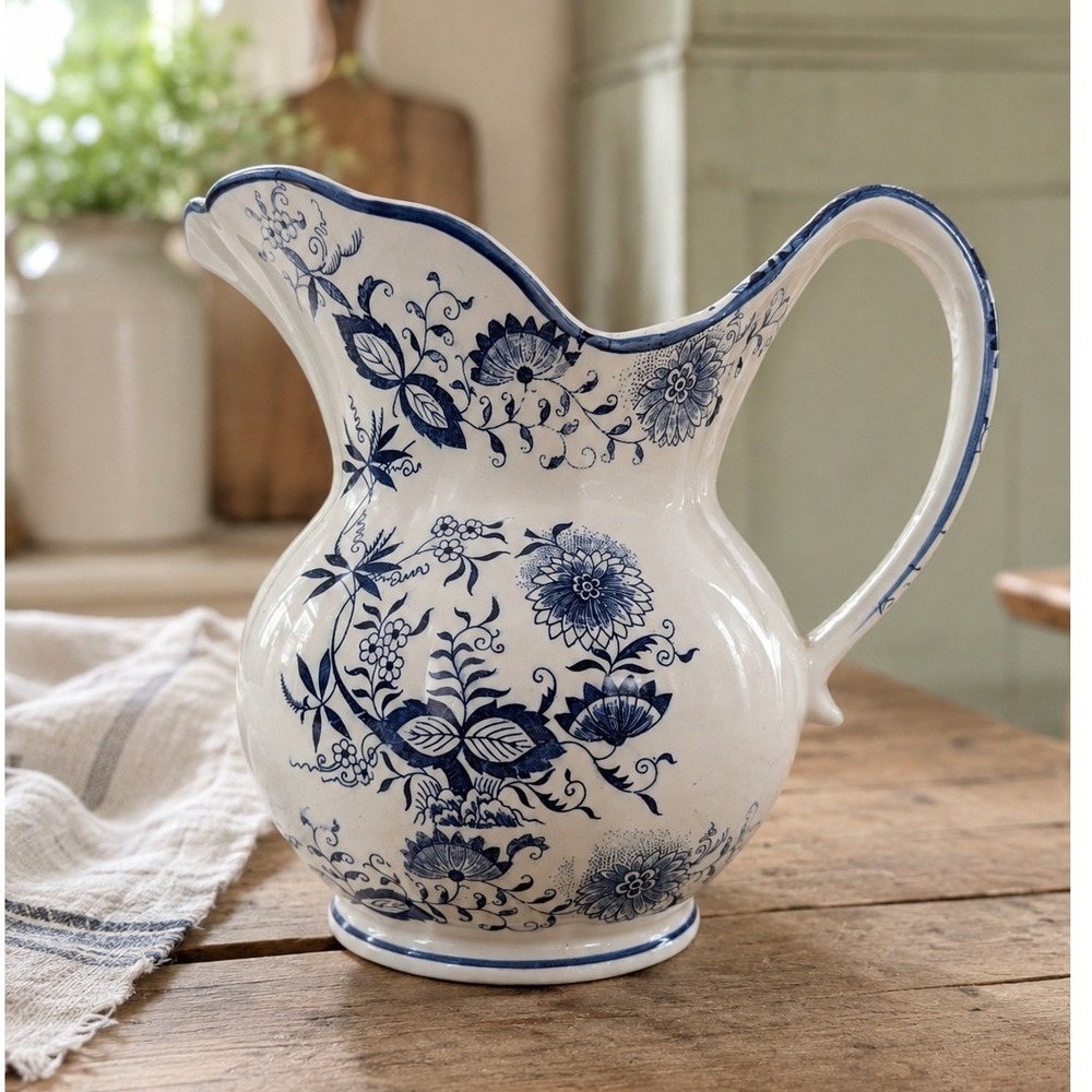 Vintage Pitcher Large Blue White Floral Onion Pattern Farmhouse Decor